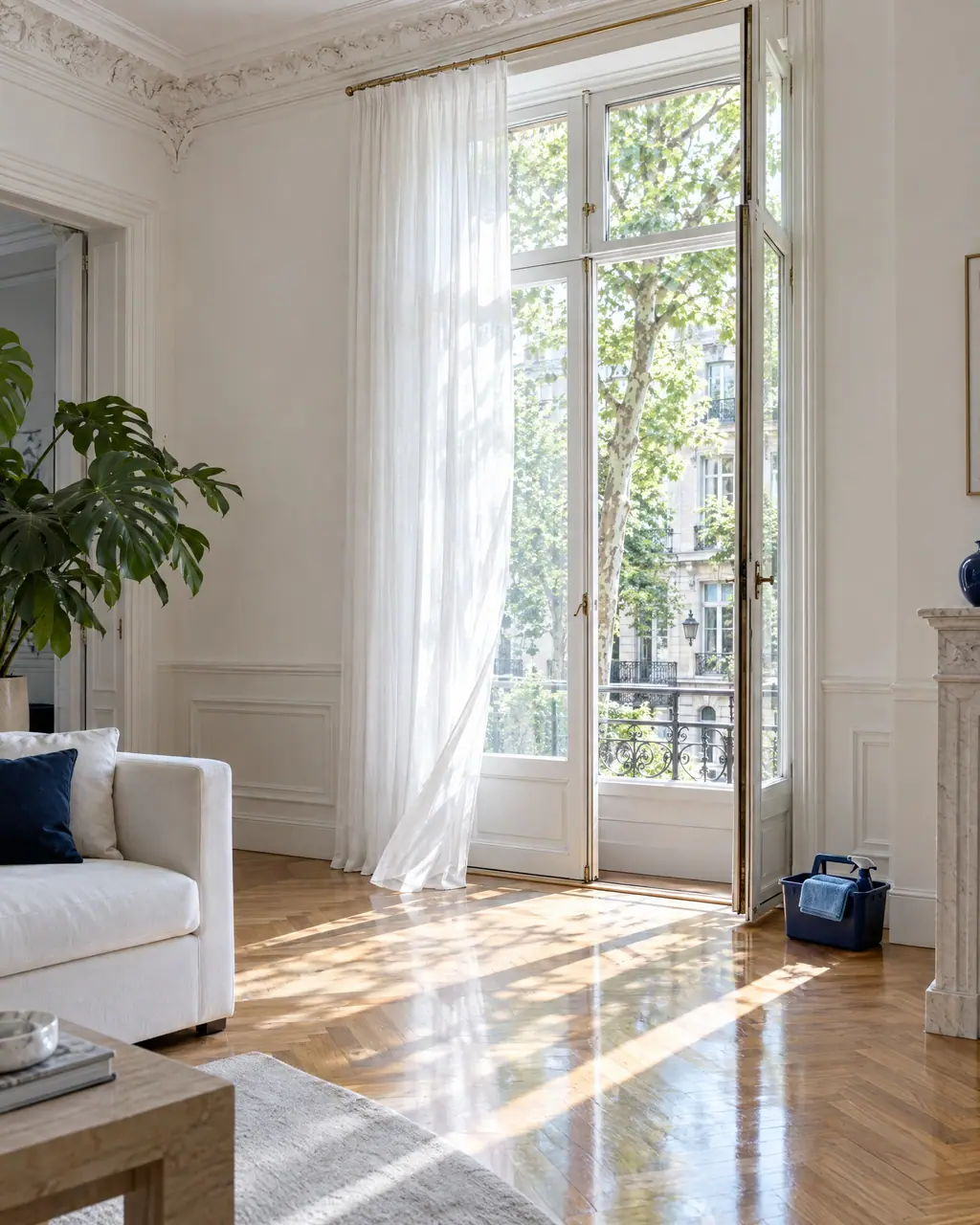 Un salon de maison de maître bruxelloise baigné de lumière : fenêtre ouverte, voilage soulevé par l’air, parquet en point de Hongrie fraîchement nettoyé
